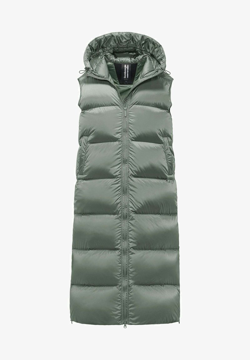 Gepolsterte lange Weste in gedämpftem Grün, mit einem Reißverschluss vorne, einer angehängten Kapuze und seitlichen Taschen. Glatte, glänzende Stoff mit gestepptem Muster.