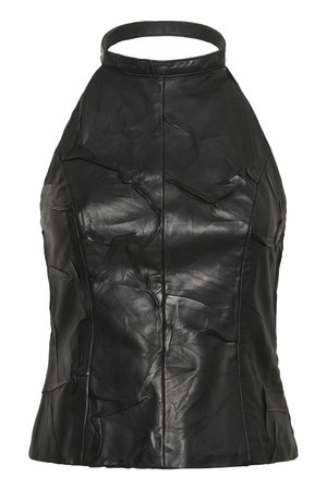Svart läder halterneck topp med en skrynklig textur, figurnära silhuett och hög krage med en platt rem. Sömsdetaljer längs sidorna.