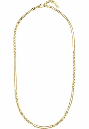 Goldkette mit mehreren verlinkten Strängen, die unterschiedliche Texturen und Oberflächen aufweisen. Sicherer Verschluss zum Schließen.