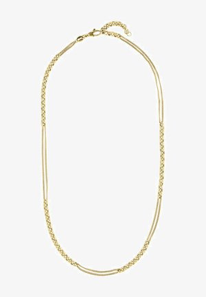 Goldkette mit mehreren verlinkten Strängen, die unterschiedliche Texturen und Oberflächen aufweisen. Sicherer Verschluss zum Schließen.