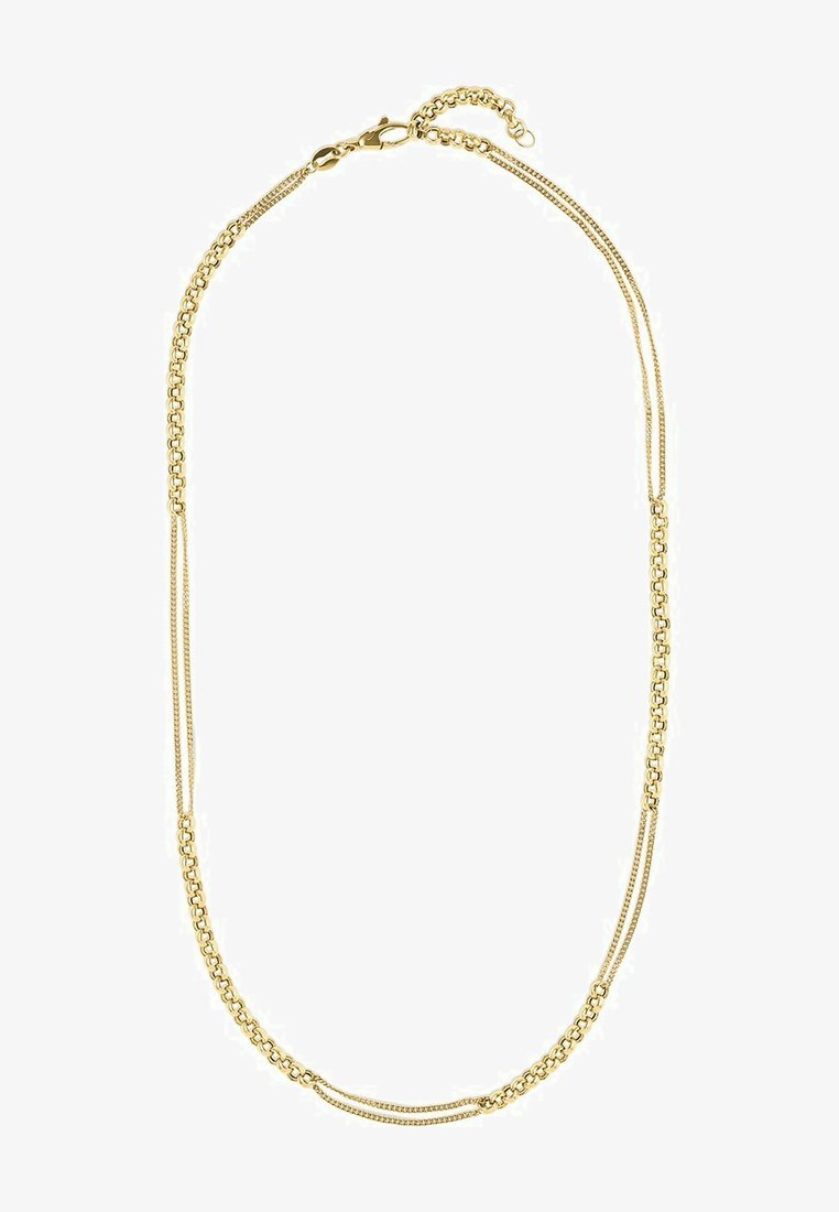 Goldkette mit mehreren verlinkten Strängen, die unterschiedliche Texturen und Oberflächen aufweisen. Sicherer Verschluss zum Schließen.