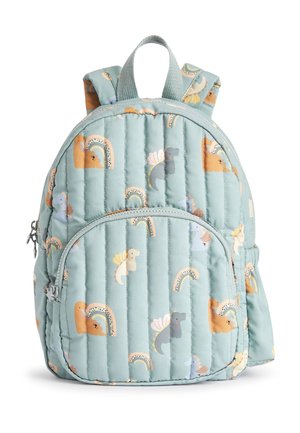 Sac à dos bleu clair matelassé avec poche zippée, décoré de dinosaures dessin animé colorés et d'arcs-en-ciel, équipé de bretelles rembourrées.
