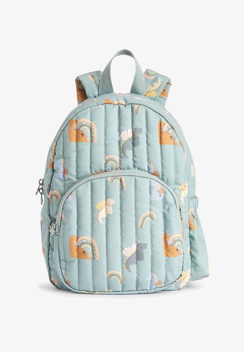 Sac à dos bleu clair matelassé avec poche zippée, décoré de dinosaures dessin animé colorés et d'arcs-en-ciel, équipé de bretelles rembourrées.