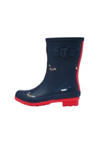 Stivale di gomma navy con suola e cinturino rossi, caratterizzato da un motivo a papera. Texture liscia e punta arrotondata, progettato per condizioni di bagnato.