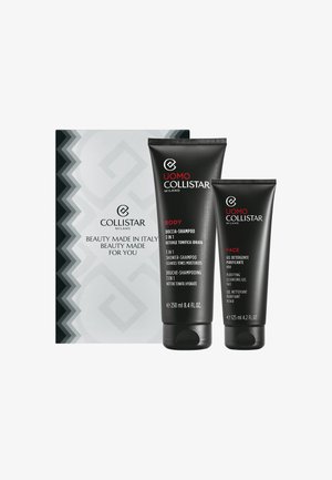 Dwie czarne tubki Collistar Milano oznaczone jako 3-w-1 żel pod prysznic i szampon (250 ml) oraz oczyszczający żel do mycia twarzy (125 ml) z markowym pudełkiem w tle.