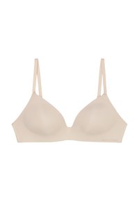 Beige draadloze bh van zachte stof, met plunge cups en verstelbare dunne bandjes. Glad textuur zonder versieringen.