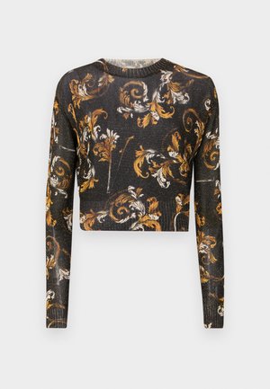 Zwart cropped sweater met lange mouwen, voorzien van een bloemenpatroon in goud en wit, met een gestructureerde stof met een lichte glans.
