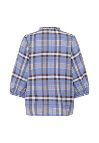 Mėlyni ir rudi languoti marškiniai, ilgomis pūkuotomis rankovėmis, elastinga apykakle, minkšta audinys, su įvairiais patikrinimo raštais baltomis ir tamsiai rudomis akcentais.