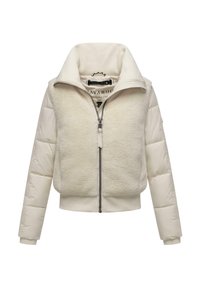 Ivory cropped jack met een fluffy sherpa voorkant, gladde gewatteerde mouwen, ritssluiting en ribbelkraag en manchetten.