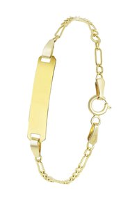 Gouden armband met een platte rechthoekige centrale plaat, voorzien van een schakelkettingontwerp en een haaksluiting. Gladde, glanzende afwerking.