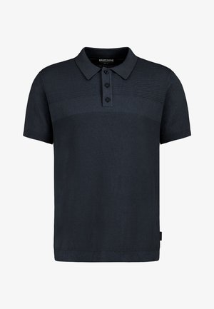 Dunkelmarineblaues kurzärmeliges Poloshirt mit strukturiertem Strickmuster und Drei-Knopf-Leiste.
