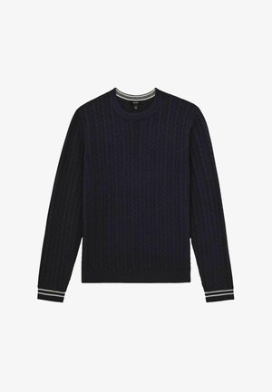 Navy blue knitted sweater featuring a cable pattern, crew neckline, and contrasting striped trim on the cuffs. Long sleeves, relaxed fit.