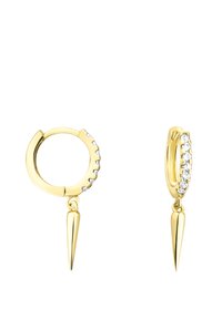 Guldörhängen med en rad klara stenar och avsmalnande spikar som hänger från varje hoop. Slät yta med en polerad finish.