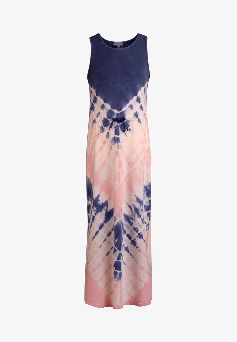 Ärmlös maxiklänning med ett marinblått och rosa tie-dye-mönster, med en figurnära bodice och en rosettdetalj i midjan. Mjuk tygtextur.