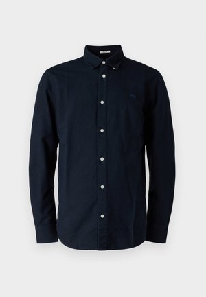 Marineblauwe button-up shirt van katoen, met een klassieke kraag, lange mouwen en een klein geborduurd logo op de borst.