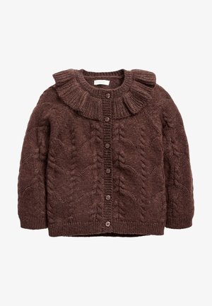 Cardigan bébé tricoté marron avec motifs torsadés, boutonnage devant, manches longues et col à volants.