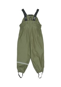 Olive green waterproof overalls with adjustable black straps, elastic waistband, reflective stripe, and elastic cuffs at the ankles.
