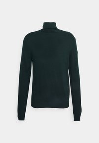 Mörkgrön polotröja, långa ärmar, stickad struktur, åtsittande design, minimala sömmar, enfärgad utan synliga mönster eller utsmyckningar.