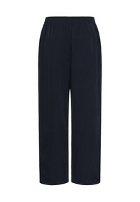 Črne široke hlače z elastičnim pasom, ohlapen kroj, brez vidnih žepov ali dodatnih podrobnosti.