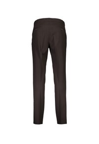 Σκούρο καφέ tailored παντελόνια, εμφανιζόμενα από πίσω με κουμπωτές πλαϊνές τσέπες και στενή, ίσια γραμμή ποδιού.