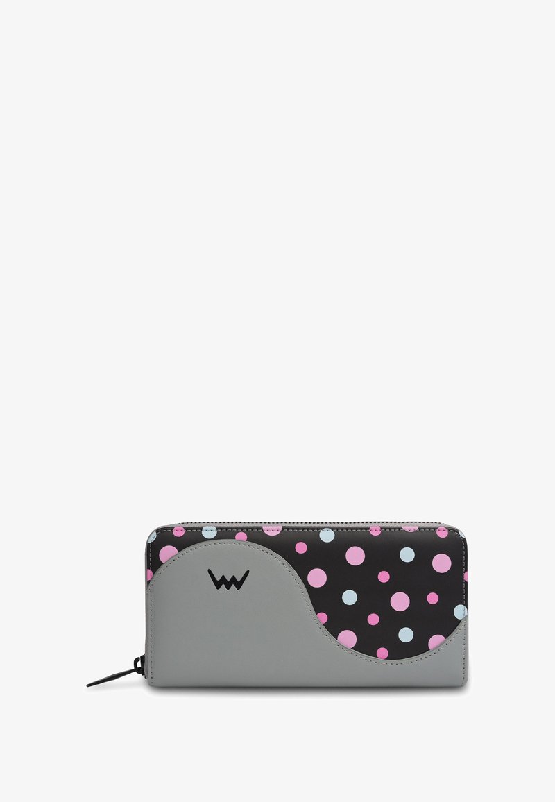 Gray wallet featuring a black section with pink and blue polka dots, curved design, and logo. Zipper closure on one side.