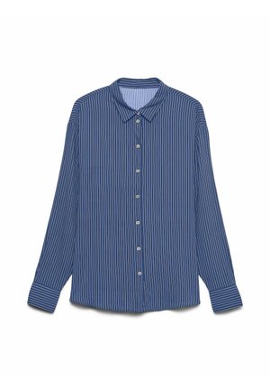 Camicia a maniche lunghe a righe blu e bianche con chiusura a bottoni sul davanti, colletto classico e tessuto morbido.
