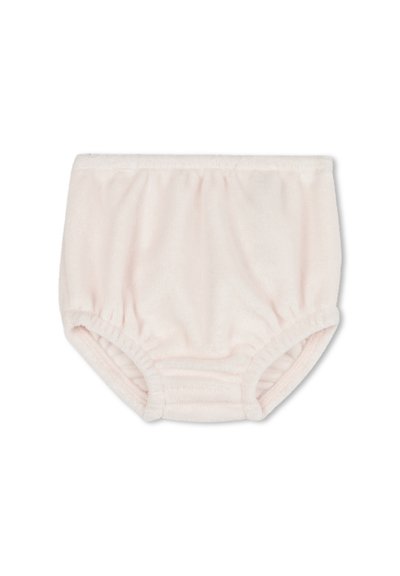 Bloomer pour bébé en coton rose doux, avec taille élastiquée et ouvertures de jambe, présentant une texture lisse et un design froncé pour le confort.