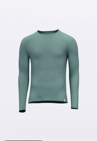 Long-sleeve shirt in a light teal color, made from textured fabric with a crew neckline and contrasting dark green trim at the hem.