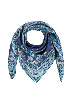 Seidenschal mit blauem und türkisfarbenem Paisley- und Blumenmuster, zu einem Dreieck gefaltet mit herabhängenden Enden.