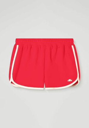 Pantalones cortos deportivos rojos con ribete blanco, cintura elástica y un pequeño logo blanco en el lado inferior derecho.