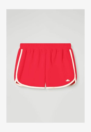 Pantalones cortos deportivos rojos con ribete blanco, cintura elástica y un pequeño logo blanco en el lado inferior derecho.