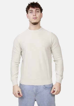 Giovane uomo in piedi, indossa un maglione a maniche lunghe color crema e jeans azzurri chiari su uno sfondo bianco uniforme.