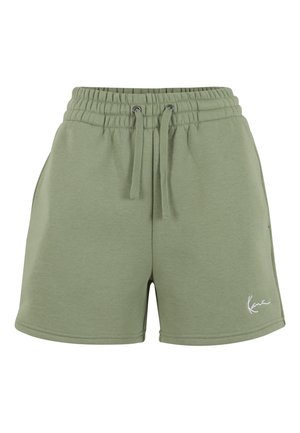 Heledast rohelised vabaaja lühikesed püksid elastse vöökohaga, nööriga, küljetaskutega ja väikese valge logoga vasaku esijala piirkonnas.