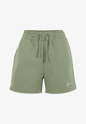 Hellgrüne Freizeitshorts mit elastischem Bund, Kordelzug, Seitentaschen und kleinem weißen Logo vorne am linken Bein.