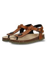 Brune lædersandaler med thong-design, justerbar spænde og cirkulære detaljer. Tekstureret korksål med en fleksibel grøn gummibase.