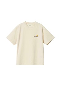 Cream-colored cotton t-shirt with short sleeves and a crew neck. Features a small Carhartt logo in orange on the left chest.