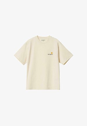 Tricou din bumbac de culoare crem, cu mâneci scurte și guler rotund. Prezintă un mic logo Carhartt de culoare portocalie pe pieptul stâng.