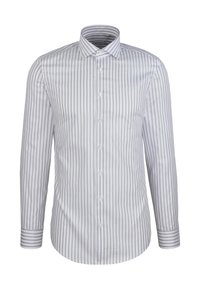 Wit en grijs gestreept shirt met lange mouwen, een wijd uitstaande kraag, knoopsluiting aan de voorkant en contrasterende gestreepte manchetten. Gemaakt van gladde stof.