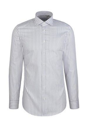 Weißes und graues langärmliges Hemd mit Streifen, ausgestelltem Kragen, Knopfleiste vorne und kontrastierenden gestreiften Manschetten. Hergestellt aus glattem Stoff.