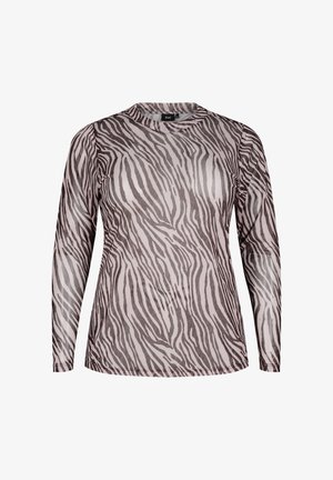 Pikad varrukad läbipaistvast kangast pruunikate ja beežide zeebramustritega topil, ümara kaeluse ja keha järgiva lõikega.