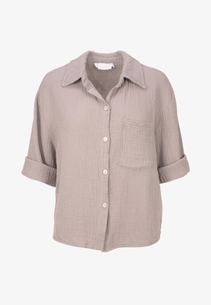 Short-sleeve, button-up shirt in light gray, made of textured cotton, featuring a chest pocket and rolled cuffs. Soft, breathable fabric.