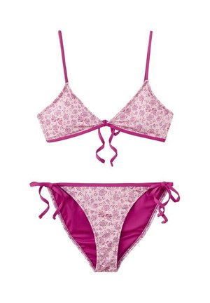 Bikini de estampado floral rosa con top de triángulo y braguitas con lazos laterales, con ribete sólido en magenta y tirantes ajustables.