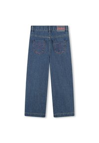 Blauwe denim jeans met een recht silhouet, voorzien van roze hartvormige stiksels op de achterzakken en een logopatch boven de tailleband.