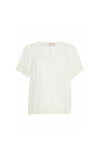 Blusa bianca con maniche corte e svasate, caratterizzata da un bordo in pizzo all'orlo e alle spalle, e una piccola apertura a forma di chiave nella scollatura.