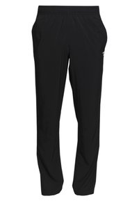Pantalon de sport noir avec une taille élastique, des jambes droites et des poches latérales. Confectionné en tissu léger et lisse avec un détail logo.