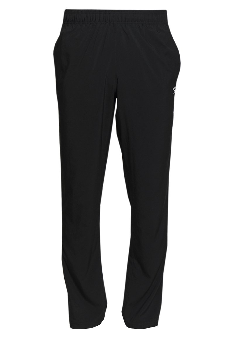 Pantalon de sport noir avec une taille élastique, des jambes droites et des poches latérales. Confectionné en tissu léger et lisse avec un détail logo.