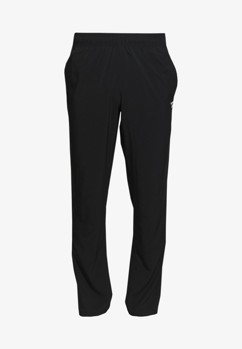 Pantalon de sport noir avec une taille élastique, des jambes droites et des poches latérales. Confectionné en tissu léger et lisse avec un détail logo.