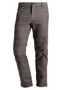 Szare spodnie w kratkę z wzorem w szachownicę, z czerwonymi i białymi akcentami, wykonane z tkaniny o gładkiej strukturze.