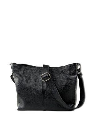 Sac en cuir noir à bandoulière, avec une surface texturée, fermeture éclair, sangle réglable et un design minimaliste.