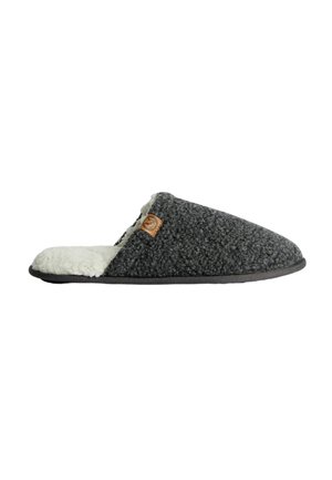 Chaussons gris avec une tige en tissu texturé, doublure en peluche blanche et un petit patch logo. Dispose d'une semelle douce et flexible.